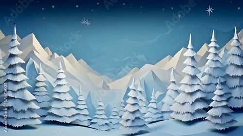 Mountain winter landscape with fir trees and snow. 3d origami, paper. Space for text, winter, holidays, christmas