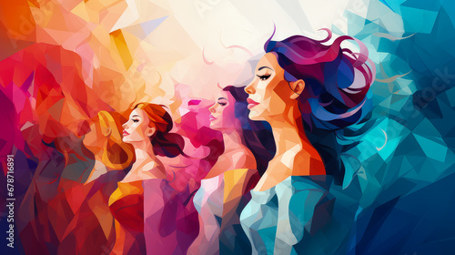 Beautiful young women on abstract polygonal background. Concept for March 8 and International Women's Day.