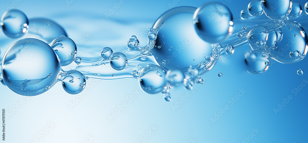 Pure effervescent cosmetic refreshing hygiene hydrogen blue energy 3d illustration of transparent carbonated blue gas bubbles underwater in full-frame macro close up with selective focus blur. 