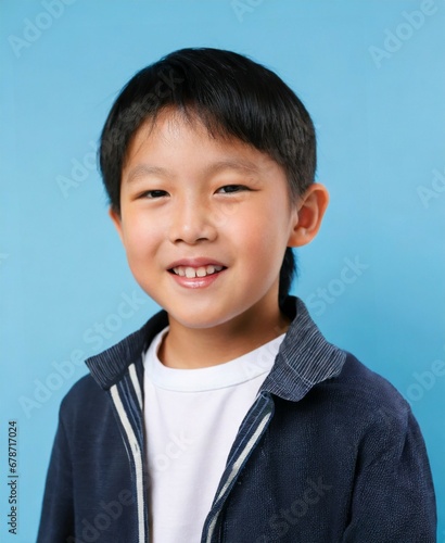 Asian child smiling face closeup isolated on colorful light blue studio background