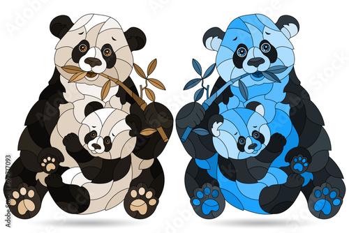 Abstract panda, contour illustration  in the style of stained glass, animals isolated on a white background, tone blue and brown