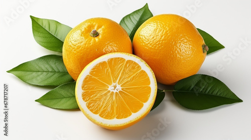 Orange with cut in half and green leaves isolated on white background. Generative AI