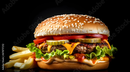 Cheeseburger and fries on black dark isolated background. Close-up of a large burger with meat and a bun with sesame seeds. Street Fast food style. Menu recipe. Generative AI.