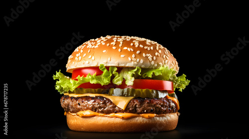 Cheeseburger on black dark isolated background. Close-up of a large burger with meat and a bun with sesame seeds. Street Fast food style. Generative AI. © pawczar