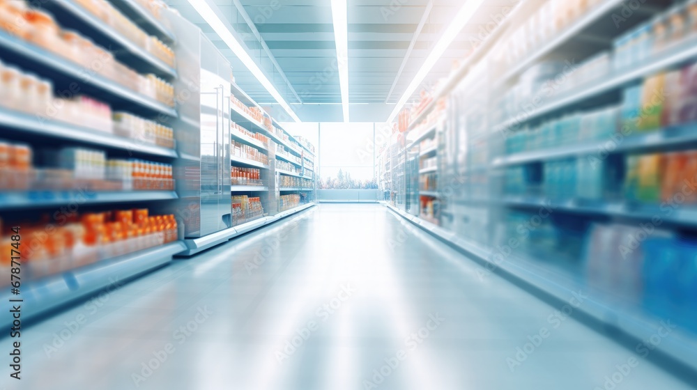 Supermarket aisle and shelves blurred background, Generative AI