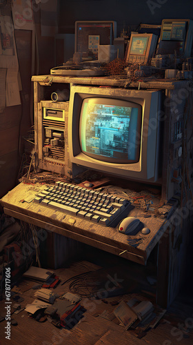 Vintage Computer Workstation with Cityscape Displayed on Monitor