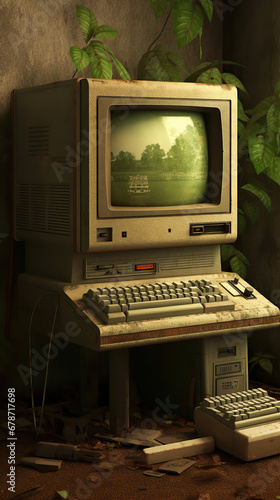 Vintage Computer Workstation with Cityscape Displayed on Monitor