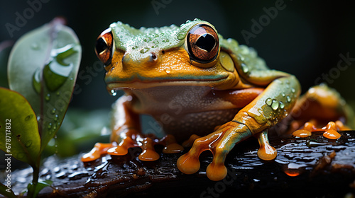 Green Tree Frog in the rain, closeup with selective focus. Generative AI © Fuji