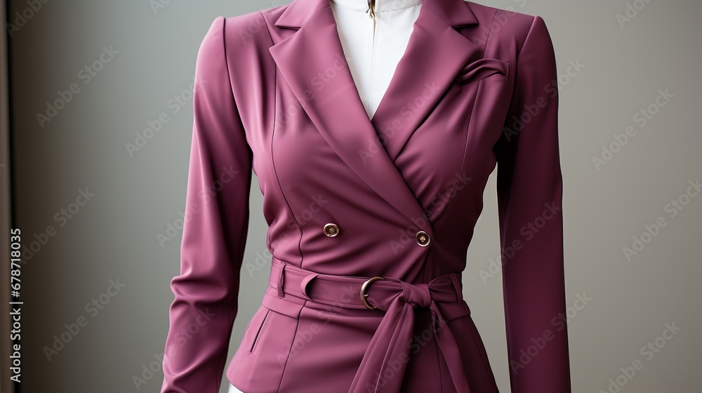 pink women's jacket with double-breasted fastener and belt. White shirt with suit. elegant office style - obrazy, fototapety, plakaty 