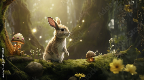 Enchanted Easter: An AI-generated rabbit amidst a surreal fantasy forest in a captivating Easter-themed photograph