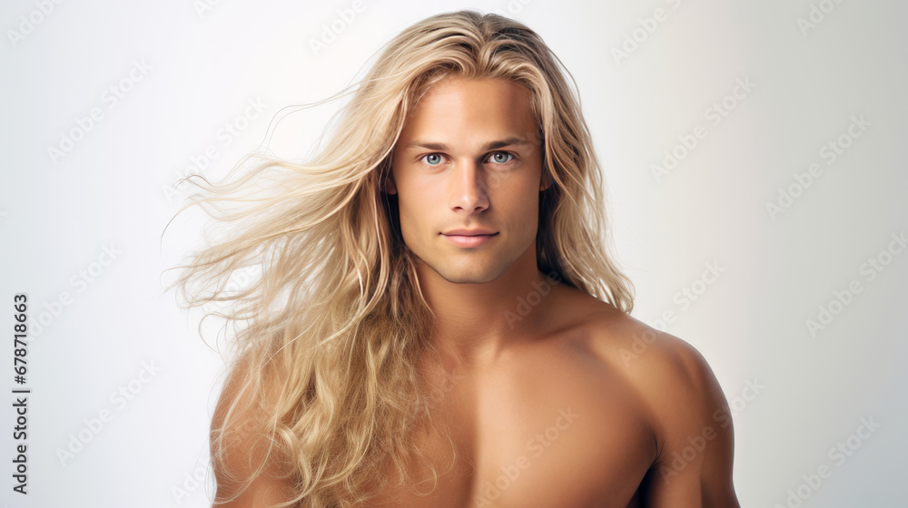 Elegant sexy smiling Caucasian blond man with blond and long hair with perfect skin, on a white background, banner. Elegant sexy smiling Caucasian blond man with blond and long hair with perfect skin, on a white background, banner.