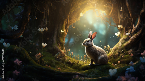 Enchanted Easter: A rabbit amidst a surreal fantasy forest in a captivating Easter-themed photograph