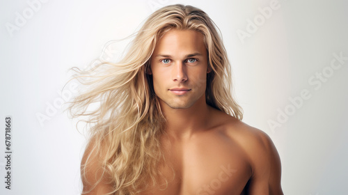 Elegant sexy smiling Caucasian blond man with blond and long hair with perfect skin, on a white background, banner.