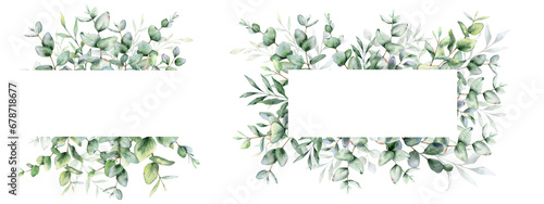 Eucalyptus Watercolor Frame. Eucalyptus Greenery Frame Hand Painted isolated on white background.  Perfect for wedding invitations, floral labels, bridal shower and  floral greeting cards photo