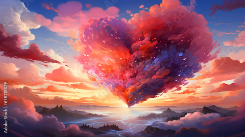 Heart made of colorful clouds in the sky, shape of heart. Valentines, wedding card invitation, romantic background, greeting template, generative ai © pawczar