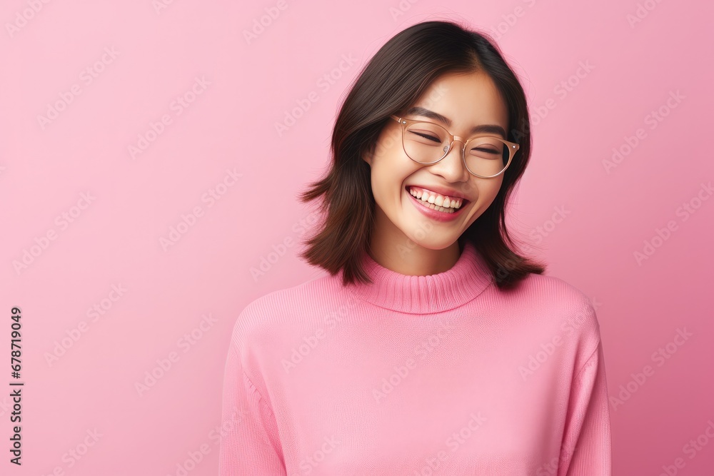 Fototapeta premium Closeup portrait of smile yong woman portrait in studio over pastel background, Generative AI