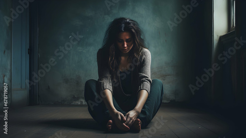 Depressed woman with head bowed, sitting on the floor leaning against the wall, dark oppressive background, copy space, generative ai