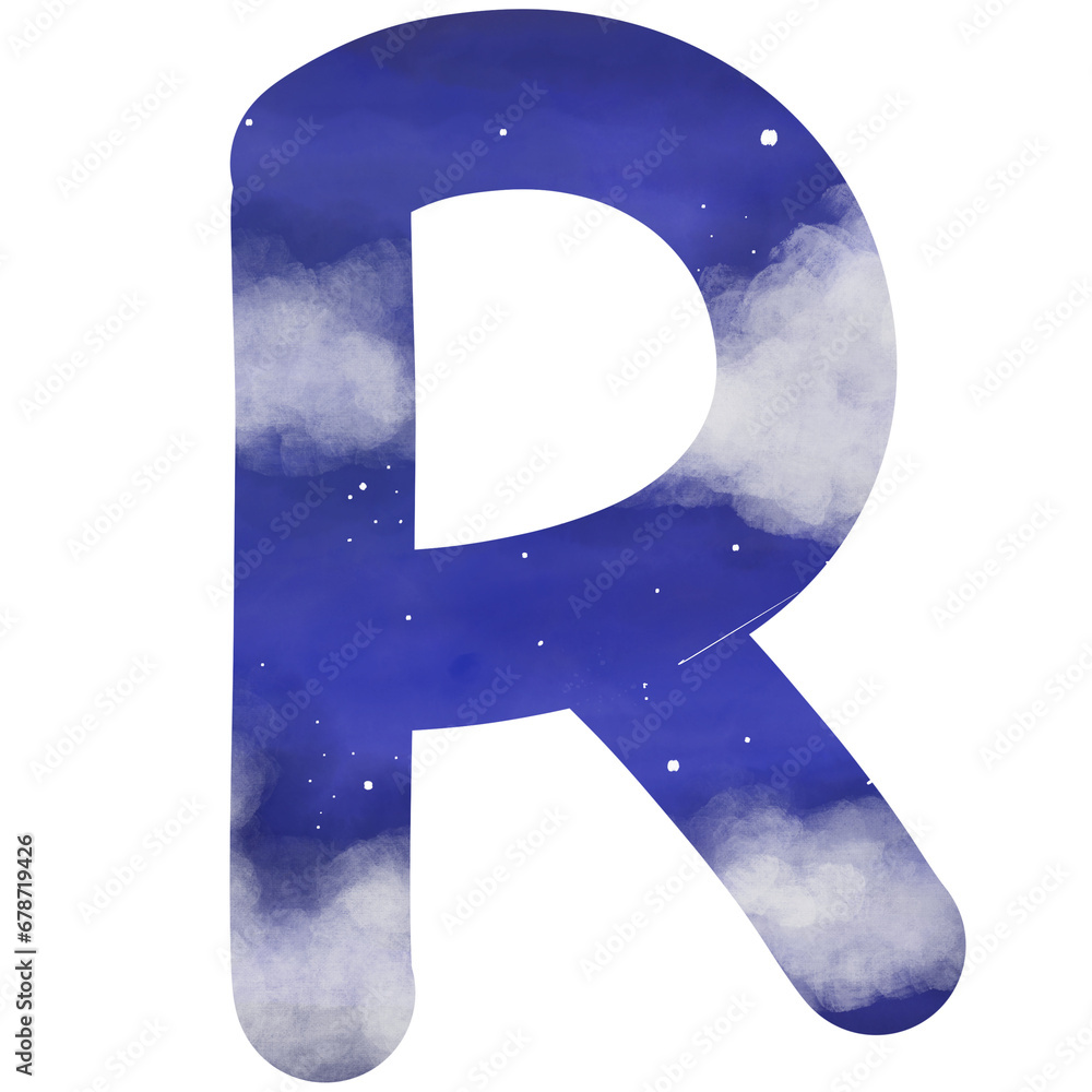 A cute English alphabet handwriting night sky with cloud and star theme letter R A cute English alphabet handwriting night sky with cloud and star theme letter R