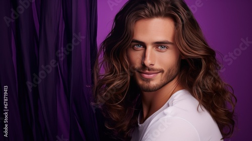 Handsome elegant sexy smiling Caucasian man with perfect skin and long hair, on a purple background, banner, close-up.