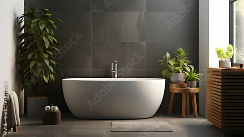 Freestanding white bath in dark modern bathroom  contemporary design  real estate brochure  wide broad format banner  generative ai