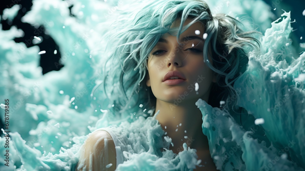 A smiling woman surrounded by a splash of water and foam. Girl in the shower. Concept: hygiene and body care. A smiling woman surrounded by a splash of water and foam. Girl in the shower. Concept: hygiene and body care.
