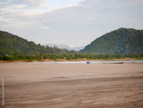 Mist on the Mekong River, Thailand, View landscape and flowing of water on river in morning time, Rainforest aerial view, Beautiful fog in the morning