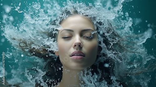 woman underwater with hair surrounded by splashes of water. Concept: portrait with water near the face.