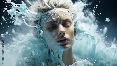 A smiling woman surrounded by a splash of water and foam. Girl in the shower. Concept: hygiene and body care.