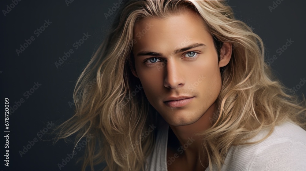 Elegant sexy smiling Caucasian blond man with blond and long hair with perfect skin, on a silver background, banner. Elegant sexy smiling Caucasian blond man with blond and long hair with perfect skin, on a silver background, banner.