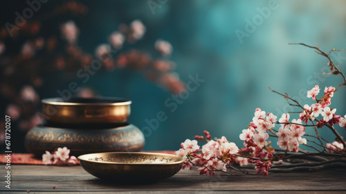 Gongs and singing bowls for sound therapy background with empty space for text 