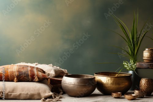 Gongs and singing bowls for sound therapy background with empty space for text  photo