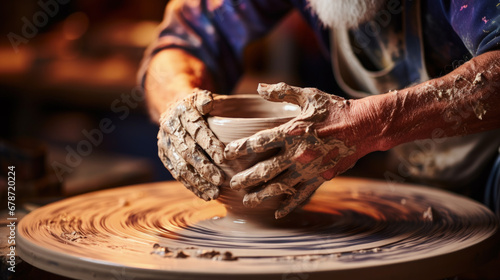 Detail of hands shaping pottery on a wheel background with empty space for text 