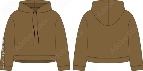 Women crop hoodie technical sketch. Olive color. photo
