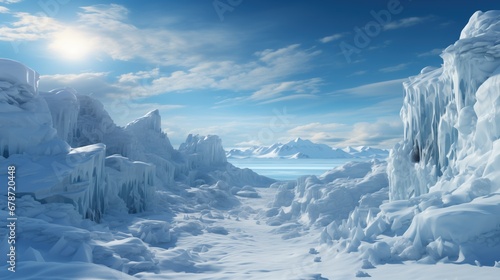 An icy landscape unfolds with towering glaciers and frozen formations under a bright blue sky. snow covered landscape © DigitalArt