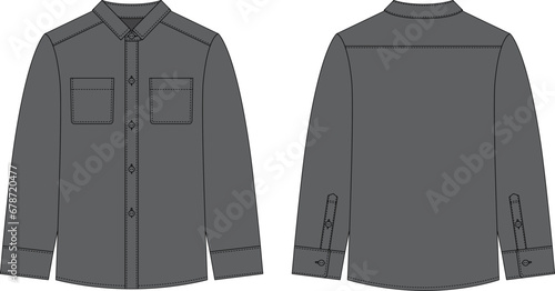 Blank shirt with pockets and buttons technical sketch. Grey color.