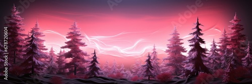 Christmas frame of illuminated neon pink fir branches
