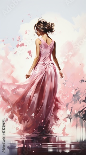 A slender girl ballerina in a pink dress dances, delicate pastel colors, Concept: postcard for femininity and beauty, neutral light background with strokes of paint and butterflies