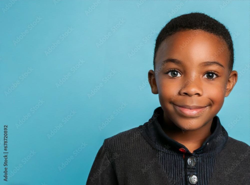 African american child smiling closeup isolated on light blue colorful studio background African american child smiling closeup isolated on light blue colorful studio background