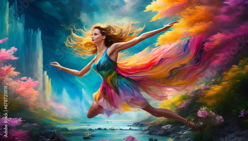 Beautiful young woman dancing on the background of a fantasy landscape. Celebration of color harmony composition