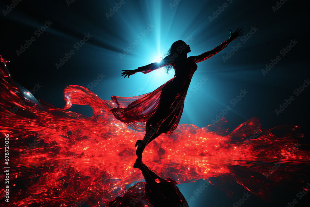 Naklejka premium Generative ai creative collage of charming gorgeous lady in fiery gown dance for magical ritual