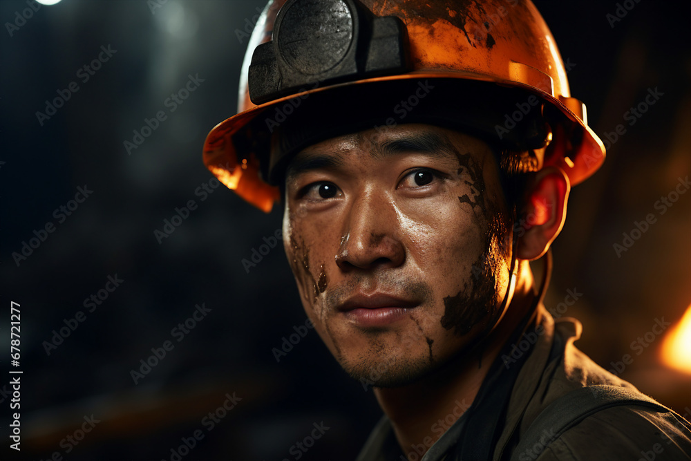 Generative ai technology portrait of mine worker wearing hardhat helmet standing in a mine Generative ai technology portrait of mine worker wearing hardhat helmet standing in a mine