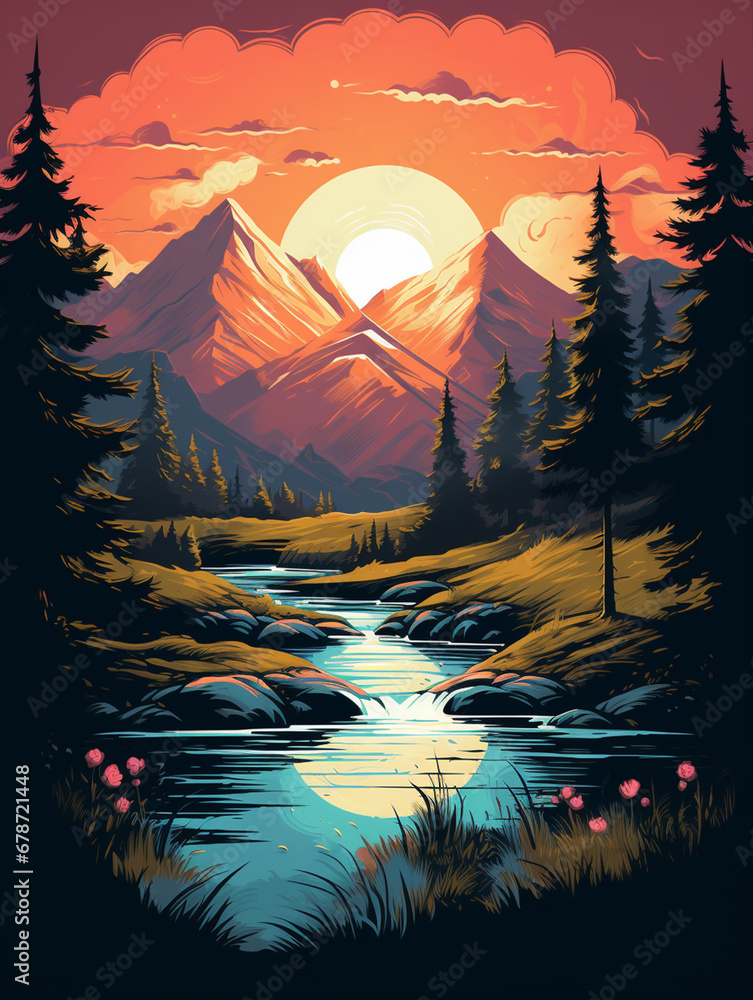illustration for a T-shirt design, featuring an idyllic sunset behind an alpine mountain range, pine trees, snow-capped peaks, and a serene tarn created with Generative Ai