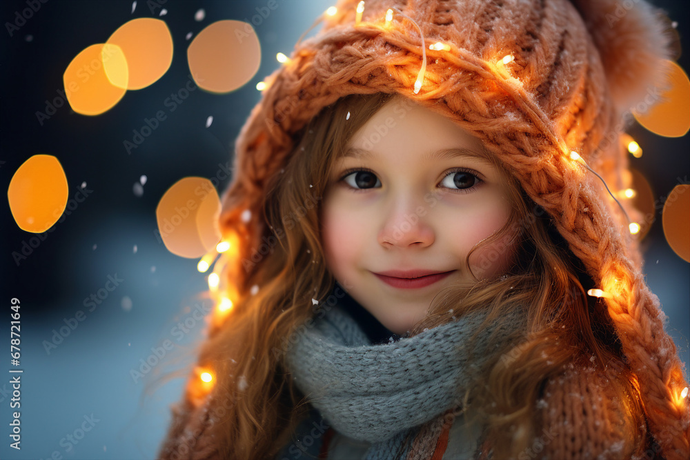 Little beautiful child boy girl Christmas fair market garland lights over head Generative AI Little beautiful child boy girl Christmas fair market garland lights over head Generative AI