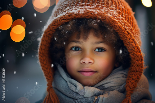 Little beautiful child boy girl Christmas fair market garland lights over head Generative AI