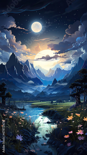 Surreal Nighttime Landscape with River Flowing Through Snow-Capped Mountains