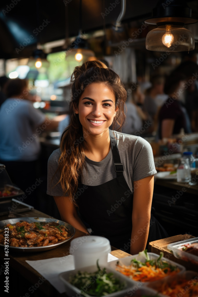 Entrepreneur at busy urban food stall background with empty space for text 