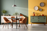 Home-based entrepreneur in a lively kitchen; terracotta sunflower yellow and sage green accents 