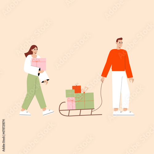 Christmas sleigh with gifts. Christmas new year winter holiday greeting card. People carrying sleigh with present boxes. Merry Christmas, Happy New Year, Winter holidays concept. © Varvara