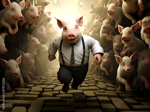 A determined pig in a business suit is running towards us on a cobbled path, with a crowd of cheering pigs behind him
