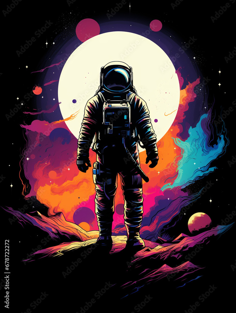 Flat style T-shirt design featuring an astronaut, presented as a graphic created with Generative Ai Flat style T-shirt design featuring an astronaut, presented as a graphic created with Generative Ai